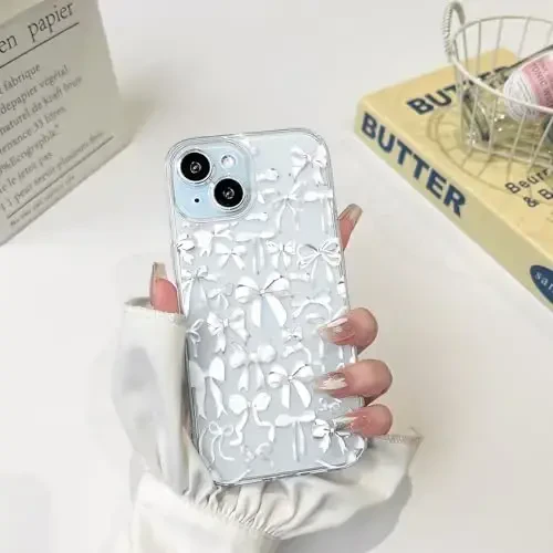 NITITOP iPhone 15 uchun mos keladigan g'ilof Ayollar qizlar uchun yoqimli shaffof bant dizayni Oq kamon lentalari Yumshoq tor, ingichka, zamonaviy himoya telefon qopqog'i - Oq - 3