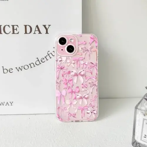 NITITOP iPhone 15 uchun mos keladigan g'ilof Ayollar qizlar uchun yoqimli shaffof kamon dizayni Pushti kamon lentalari Yumshoq ingichka zamonaviy himoya telefon qopqog'i - Pushti - 6