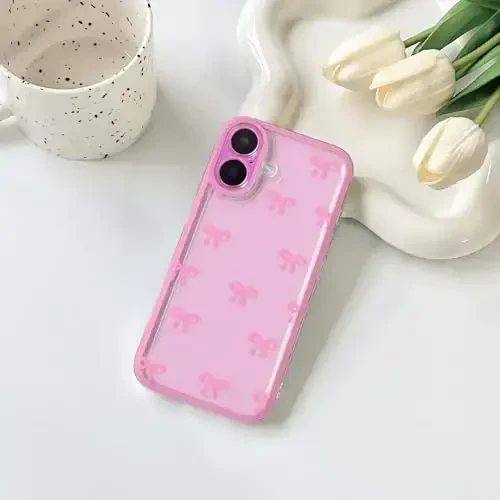 NITITOP iPhone 16 bilan mos keladigan g'ilof Qizlar ayollar uchun yoqimli tiniq chidamli lenta bantli naqsh Yumshoq TPU shaffof to'liq kamera linzalari zarbga chidamli himoya telefon qopqog'i - och qizil - 7