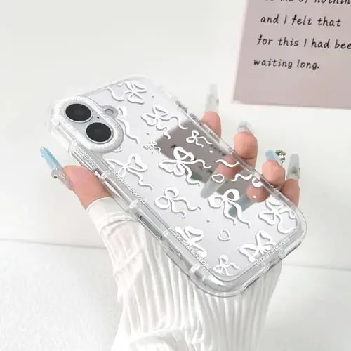 NITITOP Compatible with iPhone 16 Case Cute Mirror Bow Love Heart Pattern for Women Girls Ribbon Design Shockproof Silver Protective Phone Cover - White Bow - 2