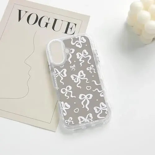 NITITOP Compatible with iPhone 16 Case Cute Mirror Bow Love Heart Pattern for Women Girls Ribbon Design Shockproof Silver Protective Phone Cover - White Bow - 5