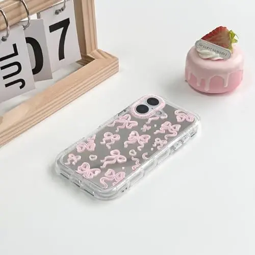 NITITOP Compatible with iPhone 16 Case Cute Mirror Bow Love Heart Pattern for Women Girls Ribbon Design Shockproof Silver Protective Phone Cover - Light Pink Bow - 4
