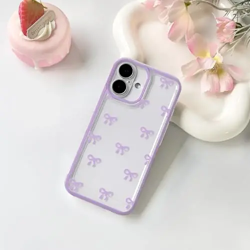 NITITOP Compatible with iPhone 16 Case Cute Clear Durable Ribbon Bowknot Pattern for Girls Women Soft TPU Transparent Full Camera Lens Shockproof Protective Phone Cover - Purple - 2
