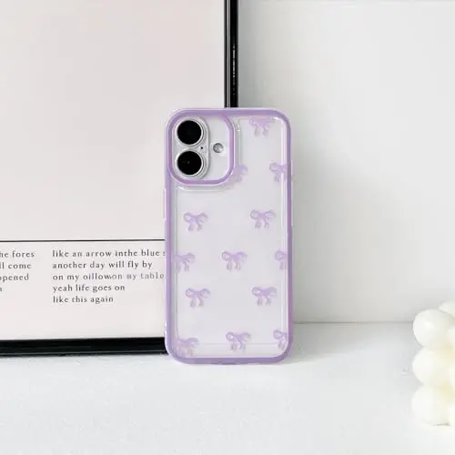 NITITOP Compatible with iPhone 16 Case Cute Clear Durable Ribbon Bowknot Pattern for Girls Women Soft TPU Transparent Full Camera Lens Shockproof Protective Phone Cover - Purple - 4