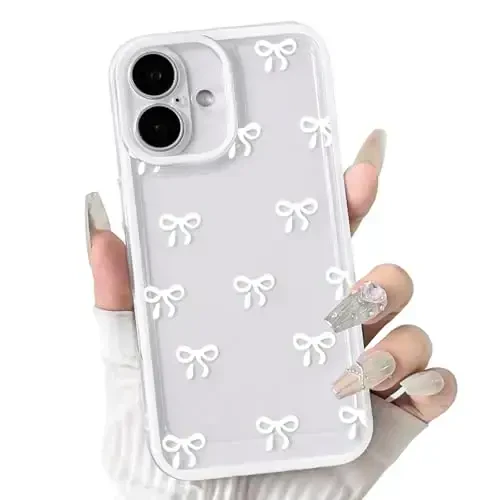 NITITOP Compatible with iPhone 16 Case Cute Clear Durable Ribbon Bowknot Pattern for Girls Women Soft TPU Transparent Full Camera Lens Shockproof Protective Phone Cover - White - NITITOP
