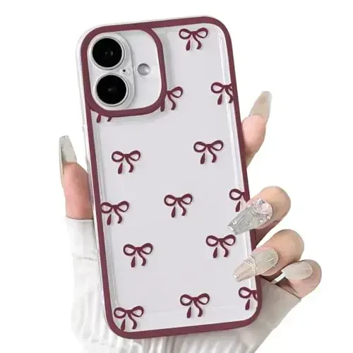 NITITOP Compatible with iPhone 16 Case Cute Clear Durable Ribbon Bowknot Pattern for Girls Women Soft TPU Transparent Full Camera Lens Shockproof Protective Phone Cover - Wine Red 