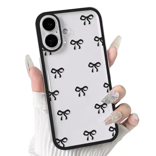NITITOP Compatible with iPhone 16 Case Cute Clear Durable Ribbon Bowknot Pattern for Girls Women Soft TPU Transparent Full Camera Lens Shockproof Protective Phone Cover - Black - 1