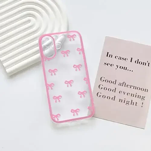 NITITOP Compatible with iPhone 16 Case Cute Clear Durable Ribbon Bowknot Pattern for Girls Women Soft TPU Transparent Full Camera Lens Shockproof Protective Phone Cover - Rose Red - 3