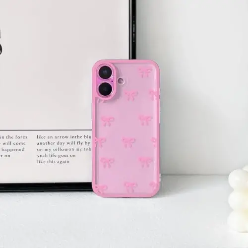 NITITOP Compatible with iPhone 16 Case Cute Clear Durable Ribbon Bowknot Pattern for Girls Women Soft TPU Transparent Full Camera Lens Shockproof Protective Phone Cover - Rose Red - 4
