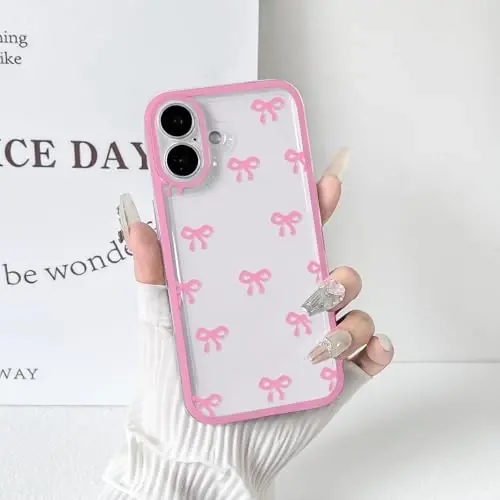 NITITOP Compatible with iPhone 16 Case Cute Clear Durable Ribbon Bowknot Pattern for Girls Women Soft TPU Transparent Full Camera Lens Shockproof Protective Phone Cover - Rose Red 
