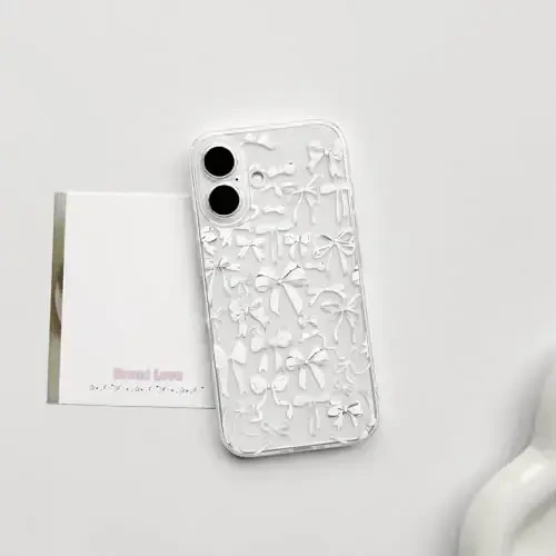 NITITOP Compatible with iPhone 16 Case Cute Clear Bowknot Design for Women Girls White Bow Ribbon Soft Fit Slim Stylish Protective Phone Cover - White - NITITOP (1)