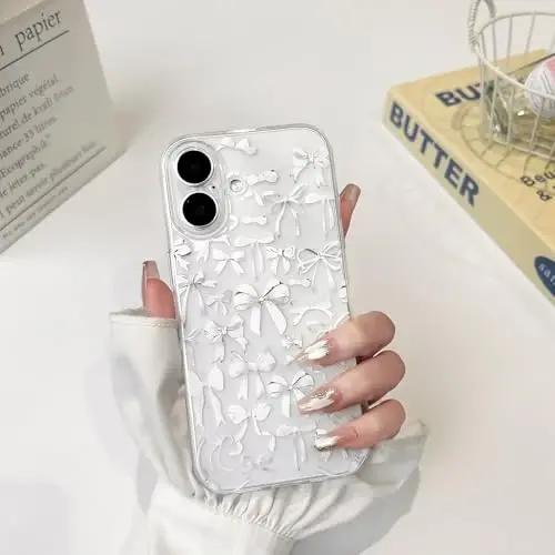 NITITOP Compatible with iPhone 16 Case Cute Clear Bowknot Design for Women Girls White Bow Ribbon Soft Fit Slim Stylish Protective Phone Cover - White - 3