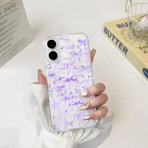 NITITOP Compatible with iPhone 16 Case Cute Clear Bowknot Design for Women Girls Purple Bow Ribbon Soft Fit Slim Stylish Protective Phone Cover - Purple - 3