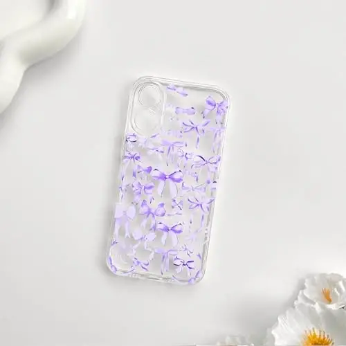 NITITOP Compatible with iPhone 16 Case Cute Clear Bowknot Design for Women Girls Purple Bow Ribbon Soft Fit Slim Stylish Protective Phone Cover - Purple - 4
