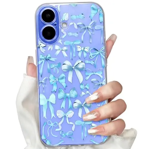 NITITOP Compatible with iPhone 16 Case Cute Clear Bowknot Design for Women Girls Blue Bow Ribbon Soft Fit Slim Stylish Protective Phone Cover - Blue - 1