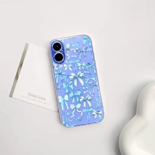 NITITOP Compatible with iPhone 16 Case Cute Clear Bowknot Design for Women Girls Blue Bow Ribbon Soft Fit Slim Stylish Protective Phone Cover - Blue - 2