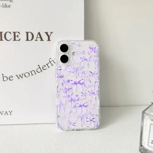 NITITOP iPhone 16 Plus bilan mos keladigan g‘ilof, ayollar qizlar uchun yoqimli tiniq kamon dizayni, binafsha kamon lenta yumshoq mos ingichka zamonaviy himoya telefon qopqog‘i - binafsha - 5