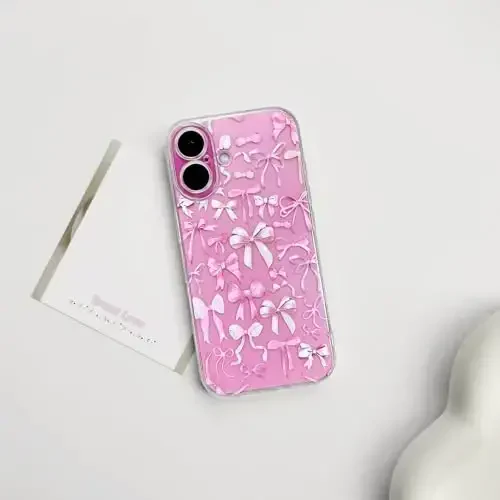 NITITOP iPhone 16 Plus bilan mos keladigan g'ilof Ayollar qizlar uchun yoqimli tiniq kamon dizayni Pushti kamon lenta Yumshoq ingichka zamonaviy himoya telefon qopqog'i - Pushti - 2