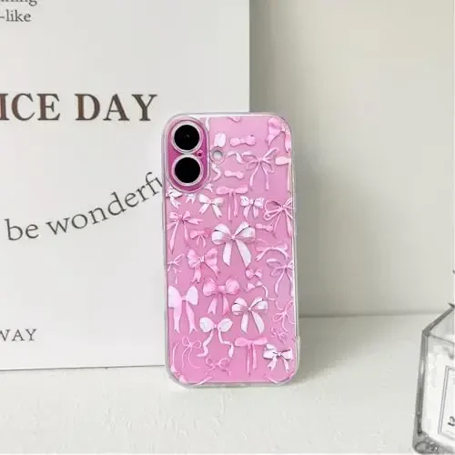 NITITOP iPhone 16 Plus bilan mos keladigan g'ilof Ayollar qizlar uchun yoqimli tiniq kamon dizayni Pushti kamon lenta Yumshoq ingichka zamonaviy himoya telefon qopqog'i - Pushti - 6