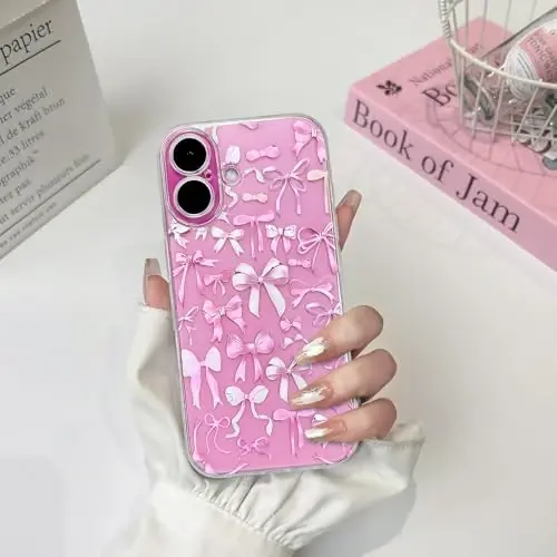 NITITOP iPhone 16 Plus bilan mos keladigan g'ilof Ayollar qizlar uchun yoqimli tiniq kamon dizayni Pushti kamon lenta Yumshoq ingichka zamonaviy himoya telefon qopqog'i - Pushti - 3