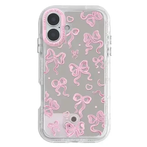 NITITOP Compatible with iPhone 16 Plus Case Cute Mirror Bow Love Heart Pattern for Women Girls Ribbon Design Shockproof Silver Protective Phone Cover - Pink Bow 