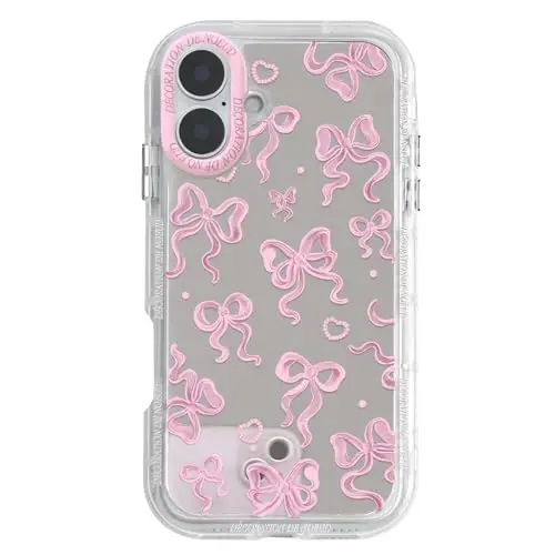 NITITOP Compatible with iPhone 16 Plus Case Cute Mirror Bow Love Heart Pattern for Women Girls Ribbon Design Shockproof Silver Protective Phone Cover - Pink Bow - 1