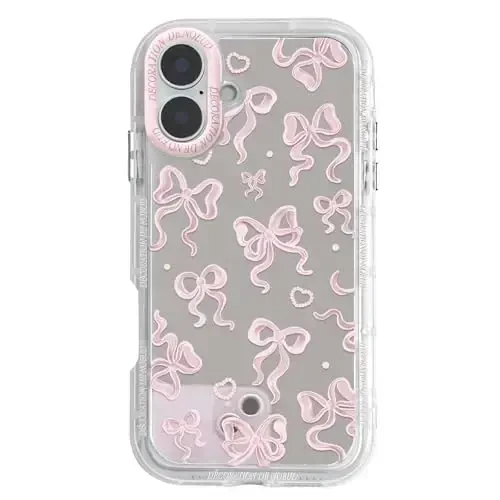 NITITOP Compatible with iPhone 16 Plus Case Cute Mirror Bow Love Heart Pattern for Women Girls Ribbon Design Shockproof Silver Protective Phone Cover - Light Pink Bow 