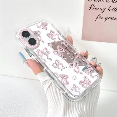 NITITOP Compatible with iPhone 16 Plus Case Cute Mirror Bow Love Heart Pattern for Women Girls Ribbon Design Shockproof Silver Protective Phone Cover - Light Pink Bow - 2