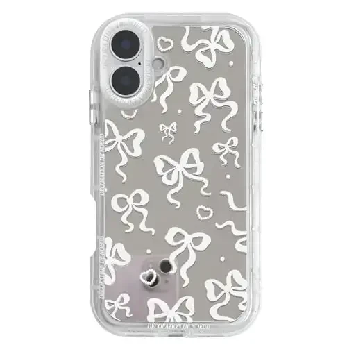 NITITOP Compatible with iPhone 16 Plus Case Cute Mirror Bow Love Heart Pattern for Women Girls Ribbon Design Shockproof Silver Protective Phone Cover - White Bow - NITITOP
