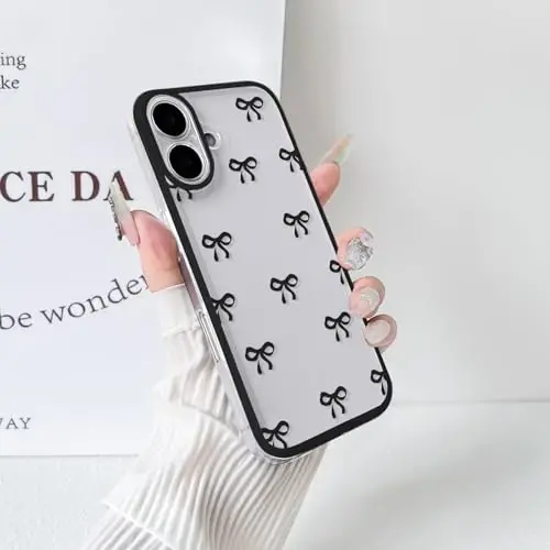 NITITOP Compatible with iPhone 16 Plus Case Cute Clear Durable Ribbon Bowknot Pattern for Girls Women Soft TPU Transparent Full Camera Lens Shockproof Protective Phone Cover - Black 
