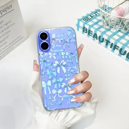 NITITOP Compatible with iPhone 16 Plus Case Cute Clear Bowknot Design for Women Girls Blue Bow Ribbon Soft Fit Slim Stylish Protective Phone Cover - Blue - 3