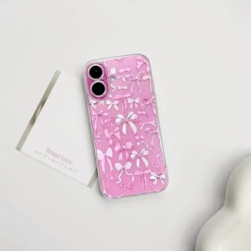 NITITOP Compatible with iPhone 16 Plus Case Cute Clear Bowknot Design for Women Girls Pink Bow Ribbon Soft Fit Slim Stylish Protective Phone Cover - Pink - 2