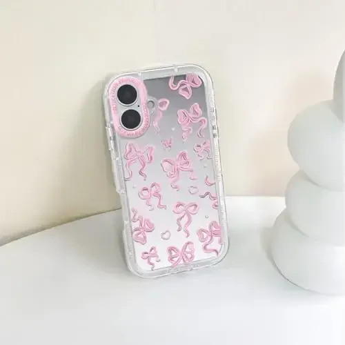 NITITOP iPhone 16 Plus uchun g'ilof, ayollar qizlar uchun yoqimli oyna kamon sevgi yurak naqshli, lenta dizayni zarbaga chidamli kumush himoya telefon qopqog'i - pushti kamon - 7