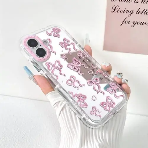 NITITOP iPhone 16 Plus uchun g'ilof, ayollar qizlar uchun yoqimli oyna kamon sevgi yurak naqshli, lenta dizayni zarbaga chidamli kumush himoya telefon qopqog'i - pushti kamon - NITITOP (1)