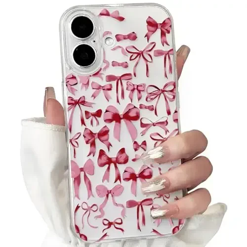 NITITOP iPhone 16 Plus uchun mos keladigan chexol, ayollar qizlar uchun yoqimli shaffof kamon dizayni, qizil kamonli lenta, yumshoq, ingichka, zamonaviy himoya telefon qopqog'i - qizil 