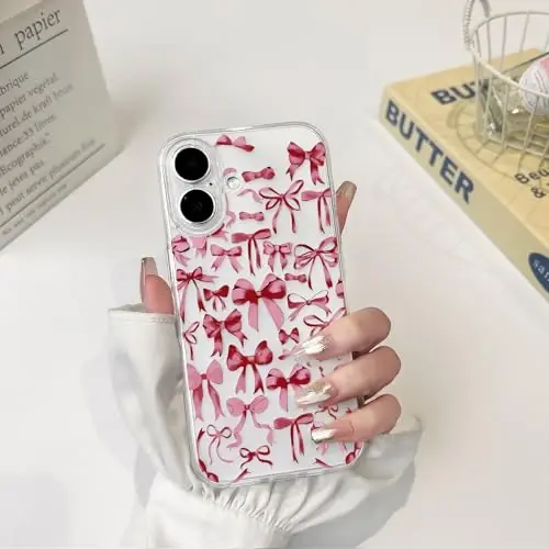 NITITOP iPhone 16 Plus uchun mos keladigan chexol, ayollar qizlar uchun yoqimli shaffof kamon dizayni, qizil kamonli lenta, yumshoq, ingichka, zamonaviy himoya telefon qopqog'i - qizil - 3