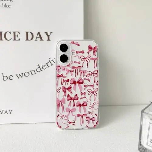 NITITOP iPhone 16 Plus uchun mos keladigan chexol, ayollar qizlar uchun yoqimli shaffof kamon dizayni, qizil kamonli lenta, yumshoq, ingichka, zamonaviy himoya telefon qopqog'i - qizil - 5