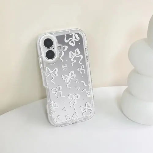 NITITOP iPhone 16 Plus uchun mos keladigan g'ilof Ayollar qizlar uchun yoqimli oyna kamon sevgi yurak naqshli lenta dizayni zarbaga chidamli kumush himoya telefon qopqog'i - Oq kamon - 7