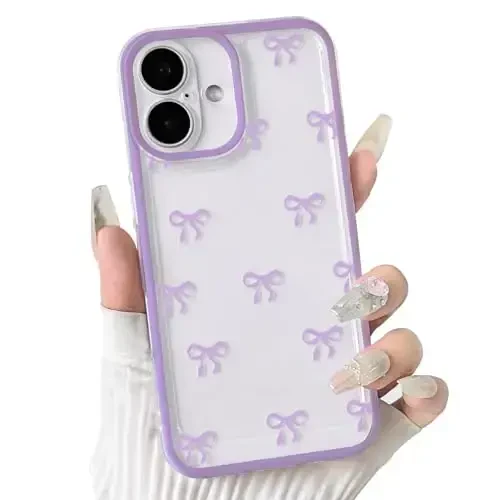 NITITOP iPhone 16 Plus uchun mos keladigan g'ilof Chiroyli tiniq bardoshli lenta kamon naqshli qizlar ayollar uchun yumshoq TPU shaffof to'liq kamera linzalari zarbga chidamli himoya telefon qopqog'i - Binafsha - NITITOP