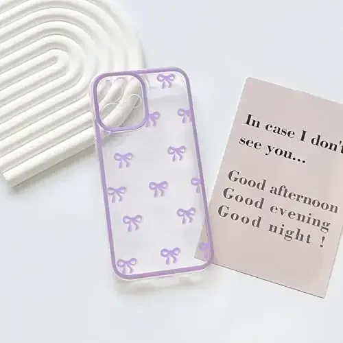 NITITOP iPhone 16 Plus uchun mos keladigan g'ilof Chiroyli tiniq bardoshli lenta kamon naqshli qizlar ayollar uchun yumshoq TPU shaffof to'liq kamera linzalari zarbga chidamli himoya telefon qopqog'i - Binafsha - 3