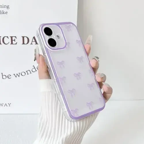 NITITOP iPhone 16 Plus uchun mos keladigan g'ilof Chiroyli tiniq bardoshli lenta kamon naqshli qizlar ayollar uchun yumshoq TPU shaffof to'liq kamera linzalari zarbga chidamli himoya telefon qopqog'i - Binafsha - 5