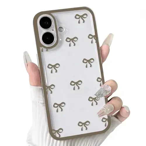 NITITOP iPhone 16 Plus uchun mos keladigan g‘ilof, qizlar va ayollar uchun yoqimli, shaffof, chidamli lenta, bant naqshli, yumshoq TPU, shaffof, to‘liq kamera linzalari, zarbga chidamli himoya telefon qopqog‘i - Jigarrang - 1