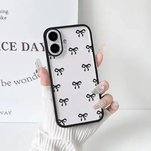 NITITOP iPhone 16 Plus uchun mos keladigan g‘ilof, qizlar va ayollar uchun yoqimli, tiniq, bardoshli lenta bantli naqshli, yumshoq TPU shaffof, to‘liq kamera linzali zarbga chidamli himoya telefon qopqog‘i - qora - 5