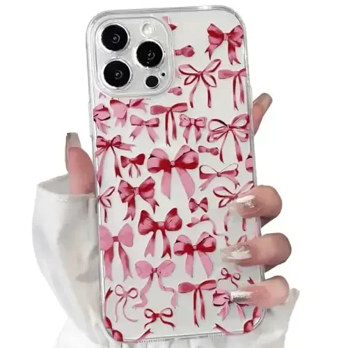 NITITOP iPhone 16 Pro bilan mos keladigan g'ilof Ayollar qizlar uchun yoqimli tiniq kamon dizayni Qizil kamon lentalari Yumshoq ingichka zamonaviy himoya telefon qopqog'i - Qizil - 1