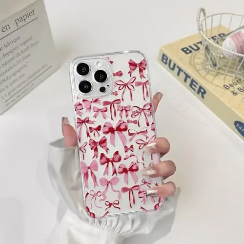 NITITOP iPhone 16 Pro bilan mos keladigan g'ilof Ayollar qizlar uchun yoqimli tiniq kamon dizayni Qizil kamon lentalari Yumshoq ingichka zamonaviy himoya telefon qopqog'i - Qizil - 3