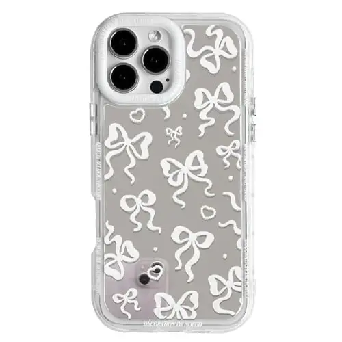 NITITOP Compatible with iPhone 16 Pro Case Cute Mirror Bow Love Heart Pattern for Women Girls Ribbon Design Shockproof Silver Protective Phone Cover - White Bow 