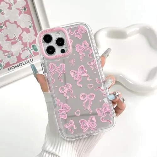 NITITOP Compatible with iPhone 16 Pro Case Cute Mirror Bow Love Heart Pattern for Women Girls Ribbon Design Shockproof Silver Protective Phone Cover - Pink Bow - 3