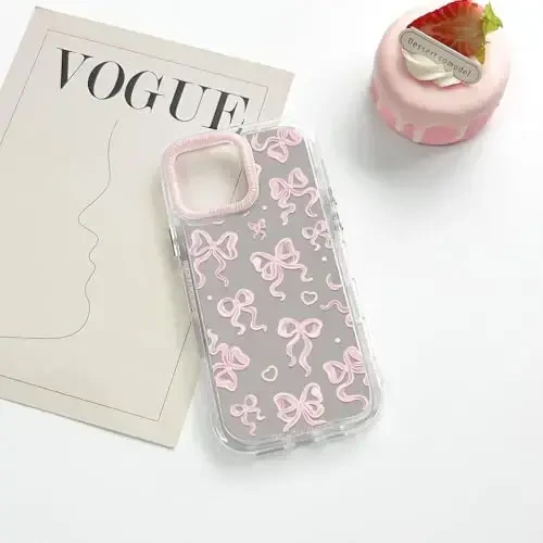 NITITOP Compatible with iPhone 16 Pro Case Cute Mirror Bow Love Heart Pattern for Women Girls Ribbon Design Shockproof Silver Protective Phone Cover - Light Pink Bow - 5