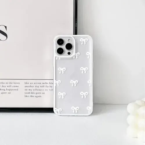 NITITOP Compatible with iPhone 16 Pro Case Cute Clear Durable Ribbon Bowknot Pattern for Girls Women Soft TPU Transparent Full Camera Lens Shockproof Protective Phone Cover - White - 4