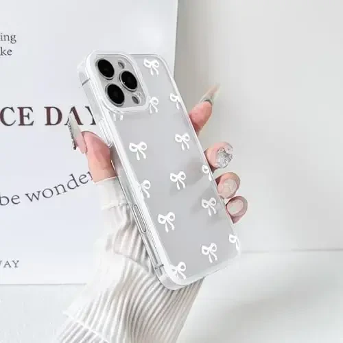 NITITOP Compatible with iPhone 16 Pro Case Cute Clear Durable Ribbon Bowknot Pattern for Girls Women Soft TPU Transparent Full Camera Lens Shockproof Protective Phone Cover - White - 5